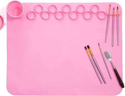 تيجيلت بساط رسم من السيليكون للاطفال - بساط للحرف اليدوية بلون بينك مع لوحة طلاء مدمجة - ادوات رسم منقطة، لوحات طلاء، حامل فرش - محطة فنية للاطفال وسجادة تلوين مائية، مقاس L 20×16.6 انش in Kuwait