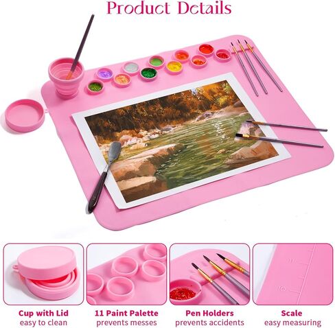 تيجيلت بساط رسم من السيليكون للاطفال - بساط للحرف اليدوية بلون بينك مع لوحة طلاء مدمجة - ادوات رسم منقطة، لوحات طلاء، حامل فرش - محطة فنية للاطفال وسجادة تلوين مائية، مقاس L 20×16.6 انش in Kuwait