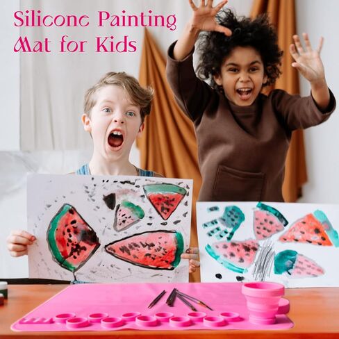 تيجيلت بساط رسم من السيليكون للاطفال - بساط للحرف اليدوية بلون بينك مع لوحة طلاء مدمجة - ادوات رسم منقطة، لوحات طلاء، حامل فرش - محطة فنية للاطفال وسجادة تلوين مائية، مقاس L 20×16.6 انش in Kuwait