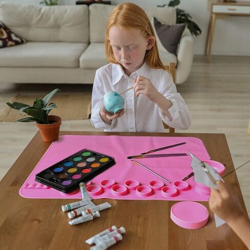 تيجيلت بساط رسم من السيليكون للاطفال - بساط للحرف اليدوية بلون بينك مع لوحة طلاء مدمجة - ادوات رسم منقطة، لوحات طلاء، حامل فرش - محطة فنية للاطفال وسجادة تلوين مائية، مقاس L 20×16.6 انش in Kuwait
