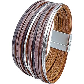 Multilayer Wrap Leather Bracelet Heart Modern Boho Bracelet with Magnetic Clasp Cuff Rhinestone Leather Bracelets for Women