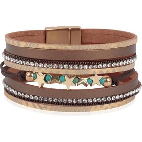 RIAH FASHION Bohemian Faux Leather Wrap Multi Layer Statement Bracelet - Cross Christian Religious Leatherette Cuff Crystal Rhinestone, Metallic Bead, Acrylic Pearl Bangle
