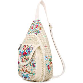 SILKAREA Embroidered Canvas Sling Backpack for Women Travel Chest Bag Crossbody Backpack Purse Shoulder Bag Medium