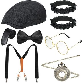 1920s Mens Costume Peaky Blinders Gatsby 1950s Hat Suspenders Bow Tie Pocket Watch Glasses