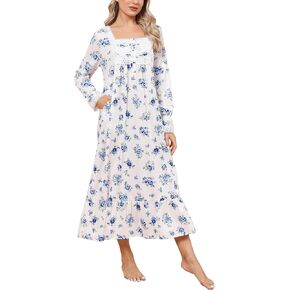 Rubehoow Women's Nightgown Victorian Nightwear Long Sleeve Vintage Pajama Dress Soft Cotton Loungewear with Pockets
