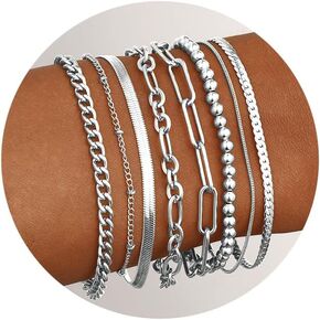Silver Bracelets for Women, 14K Dainty Silver Bracelets Set, Layered Chain Bracelets Pack