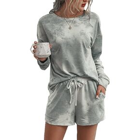 PRETTYGARDEN Women's Tie Dye Printed Pajamas Set Casual Long Sleeve Tops with Lounge Shorts Two Piece Sleepwear