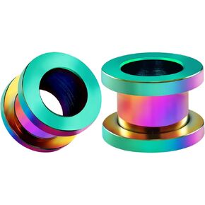 BIG GAUGES Pair of Screw-fit 316L Surgical Steel Rainbow Piercing Jewelry Ear Stretching Lobe Plug Flesh Tunnel Earring