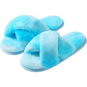 shoeslocker Girls Cross Band Slippers Open Toe Tie Dye Plush House Slippers Nonslip Casual Slippers