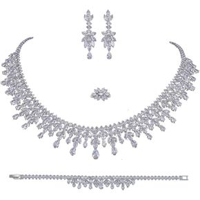 Jorsnovs مجموعة مجوهرات العروس الفضية المكعبة بالكامل من الزركونيوم للنساء مجموعات مجوهرات الزفاف لأقراط الزفاف وقلادة مجموعة أساور مفتوحة in Kuwait