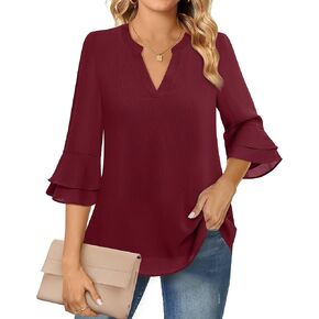 Lotusmile Womens Tops Dressy Casual 3/4 Tiered Bell Sleeve Blouses Double Layered Chiffon Work Tunic Shirts in Saudi Arabia