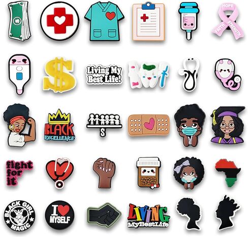 30 قطعة من تعليقات الاحذية من بلاك لايفز ماتر، دلايات احذية من بلاستيك PVC مع مشابك قابلة للازالة، دلايات مختلفة لتزيين احذية كروكس واساور المعصم، تعليقات احذية للصنادل وهدايا الحفلات للاطفال in Kuwait