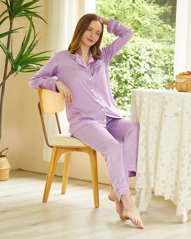 YIMANIE Womens Pajamas Silk Satin Pajama Sets for Women Soft Button Down Womens Loungewear Set with Pockets in Kuwait