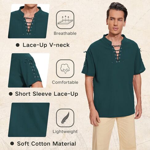 American Trends Mens Pirate Shirt Medieval Renaissance Viking Costume Short Sleeve Shirt Steampunk Retro Gothic Costume Top in Kuwait