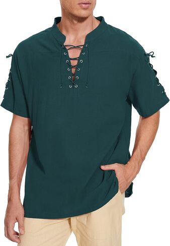 American Trends Mens Pirate Shirt Medieval Renaissance Viking Costume Short Sleeve Shirt Steampunk Retro Gothic Costume Top in Kuwait