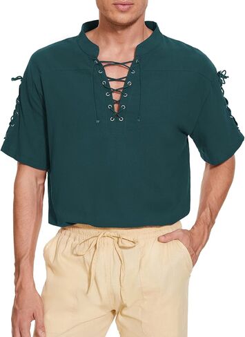 American Trends Mens Pirate Shirt Medieval Renaissance Viking Costume Short Sleeve Shirt Steampunk Retro Gothic Costume Top in Kuwait