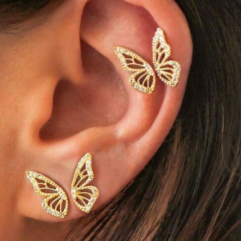Luxval Butterfly Wing Earrings，18K Gold Plated CZ Simulated Diamond Silver Stud Earrings, Tiny Butterfly Cartilage Earrings for women,Gold Stud Earrings for Girls in Kuwait