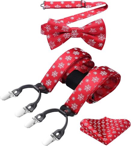 HISDERN Mens Christmas Bow Tie and Suspenders Holiday Festival Braces Y Shape Fun Santa Braces Handkerchief Pocket Square Set in Saudi Arabia