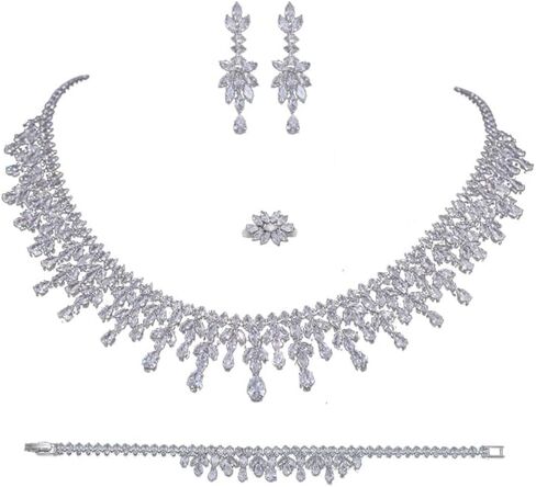 Jorsnovs مجموعة مجوهرات العروس الفضية المكعبة بالكامل من الزركونيوم للنساء مجموعات مجوهرات الزفاف لأقراط الزفاف وقلادة مجموعة أساور مفتوحة in Kuwait