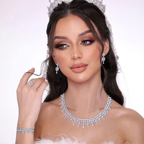 Jorsnovs مجموعة مجوهرات العروس الفضية المكعبة بالكامل من الزركونيوم للنساء مجموعات مجوهرات الزفاف لأقراط الزفاف وقلادة مجموعة أساور مفتوحة in Kuwait