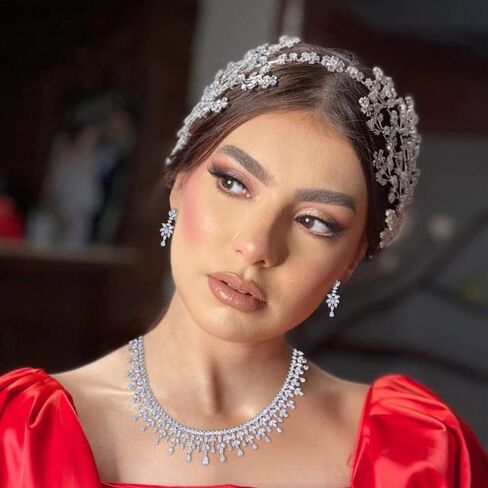 Jorsnovs مجموعة مجوهرات العروس الفضية المكعبة بالكامل من الزركونيوم للنساء مجموعات مجوهرات الزفاف لأقراط الزفاف وقلادة مجموعة أساور مفتوحة in Kuwait