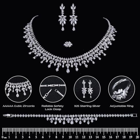 Jorsnovs مجموعة مجوهرات العروس الفضية المكعبة بالكامل من الزركونيوم للنساء مجموعات مجوهرات الزفاف لأقراط الزفاف وقلادة مجموعة أساور مفتوحة in Kuwait