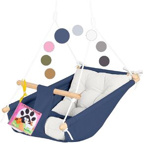 CaTeam - Canvas Kids Swing, Wooden Hanging Swing Seat Chair with Safety Belt, Durable Toddler Swing Chair, Outdoor and Indoor Swing for Kids, Mounting Hardware Included, Gray Blue
