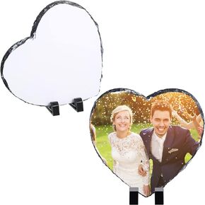 2 Pieces Sublimation Blank Slate Rock Stone Customized Heart Shaped Photo Frame with Display Holder Heat Transfer Heart Picture Frame for Heat Press Machine (7.9 x 7.9 Inch)