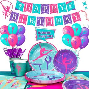لوازم حفلات اعياد الميلاد للجمباز، 143 قطعة من ديكورات حفلات الجمباز ومجموعة ادوات المائدة - اطباق ومناديل واكواب ومفرش طاولة وبالونات ولافتة وغيرها ديكورات الجمباز لحفلات اعياد الميلاد in Kuwait
