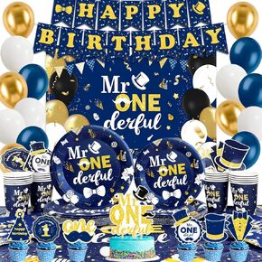 Boy 1st Birthday Party Decorations Set, Mr Onederful Plates and Napkins Tableware Set for 20 Guests and Navy Blue Tablecloth Happy Birthday Banner Backdrop Cupcake Toppers Balloons Kit (111Pcs) in Kuwait