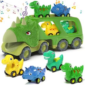 Dinosaur Toys for Kids 2-4 Boys,Dinosaur Car Carrier Truck Toy with 4 Pull Back Dino Car，Dinosaur Truck for 2 3 4 5 Year Old Boy Toys,2 3 4 5 Year Old Boy Birthday Gift with Dino Sound.