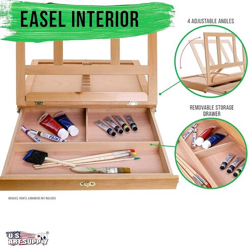 U.S. Art Supply Solana Adjustable Wood Desk Table Easel with Storage Drawer, Paint Palette, Premium Beechwood - Portable Wooden Artist Desktop, Board for Canvas, Painting, Drawing Sketching Book Stand in Kuwait