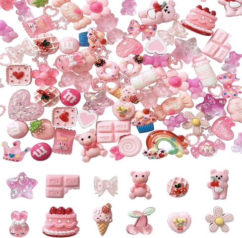 Gorvalin 105 قطعة من سحر الراتنج Kawaii، 3D Sweety Pink Flatback الراتنجات الحلوى سحر لمسمار الفن عيد الحب الحرف الديكور الوحل صنع زخرفة لوازم DIY لصناعة الحرف اليدوية in Kuwait