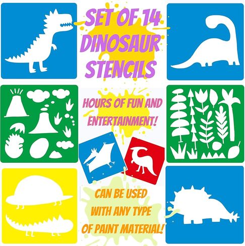 استنسل ديناصور للرسم - استنسل حيوانات كبير للاطفال - مجموعة استنسل قابلة للغسل - استنسل رسم - استنسل للاطفال - استنسل فني - استنسل بلاستيكي للاطفال (14 قطعة، 8 انش × 8 انش) in Kuwait