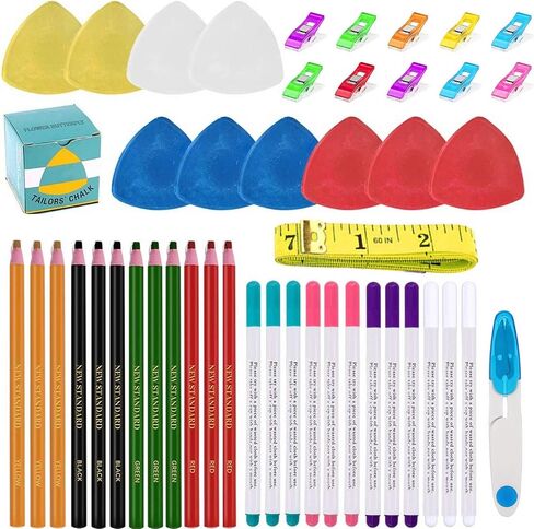 YEQIN 56Pcs Sewing Tools Kit, 10Pcs Tailor's Chalk, 12Pcs Sewing Mark Pencil, 12Pcs Disappearing Erasable Ink Fabric Marker Pen, 20Pcs Sewing Clips, 1Pcs Tape Measure,1Pcs Scissors for Sewing Marking in Saudi Arabia