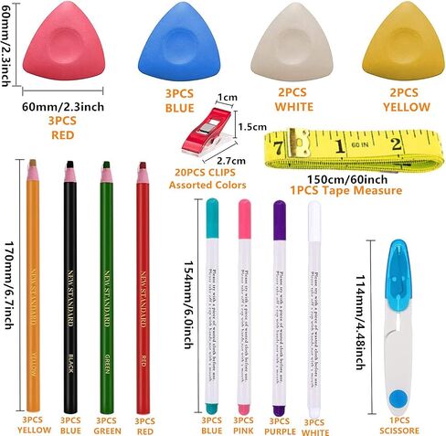 YEQIN 56Pcs Sewing Tools Kit, 10Pcs Tailor's Chalk, 12Pcs Sewing Mark Pencil, 12Pcs Disappearing Erasable Ink Fabric Marker Pen, 20Pcs Sewing Clips, 1Pcs Tape Measure,1Pcs Scissors for Sewing Marking in Saudi Arabia