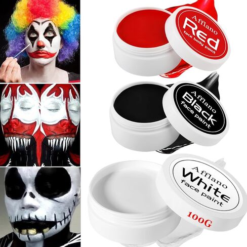 aflano Halloween Makeup Body Paint أحمر أسود أبيض طلاء الوجه، مجموعة طلاء الجسم الاحترافية الكبيرة باللون الأحمر والأبيض والأسود للأطفال البالغين، زي مهرج الجوكر المسرحي التنكري SFX طلاء زيتي للمكياج in Kuwait