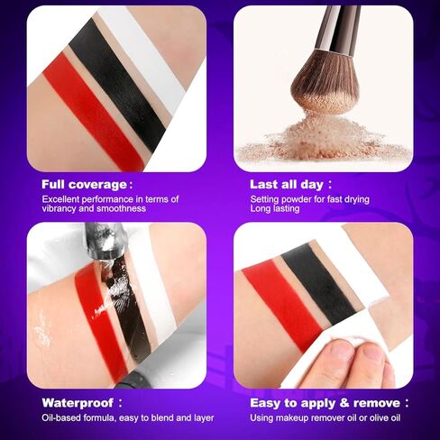 aflano Halloween Makeup Body Paint أحمر أسود أبيض طلاء الوجه، مجموعة طلاء الجسم الاحترافية الكبيرة باللون الأحمر والأبيض والأسود للأطفال البالغين، زي مهرج الجوكر المسرحي التنكري SFX طلاء زيتي للمكياج in Kuwait