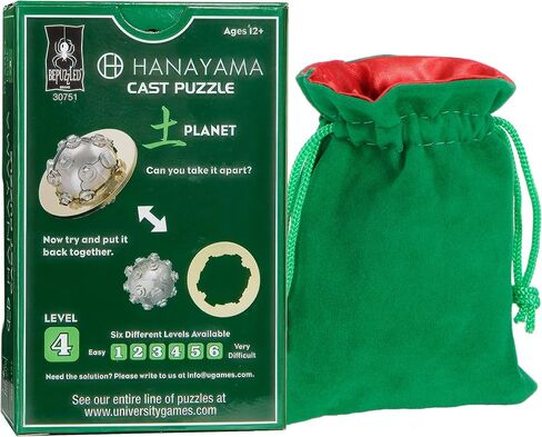 Deluxe Games and Puzzles Planet Hanayama Puzzle, New 2022, Level 4, with Green Velvet, Red Satin Drawstring Pouch, Bundled Items. in Kuwait