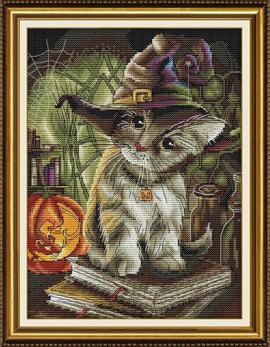 مجموعة خياطة متقاطعة مختومة بنمط خياطة متقاطعة لديكور المنزل، مجموعة تطريز قماشية مطبوعة مسبقا 11 قيراط - قطة ساحرة 12.6 انش × 15.7 انش in Kuwait