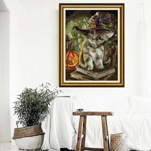 مجموعة خياطة متقاطعة مختومة بنمط خياطة متقاطعة لديكور المنزل، مجموعة تطريز قماشية مطبوعة مسبقا 11 قيراط - قطة ساحرة 12.6 انش × 15.7 انش in Kuwait