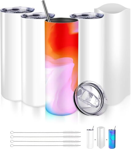 Munskine 4 Pack Sublimation Tumblers 20 Oz Skinny Stainless Steel Double Wall Tumbler Blanks - Sublimation Tumblers with Lid, Straw, Brush & Shrink Wrap -White in Saudi Arabia