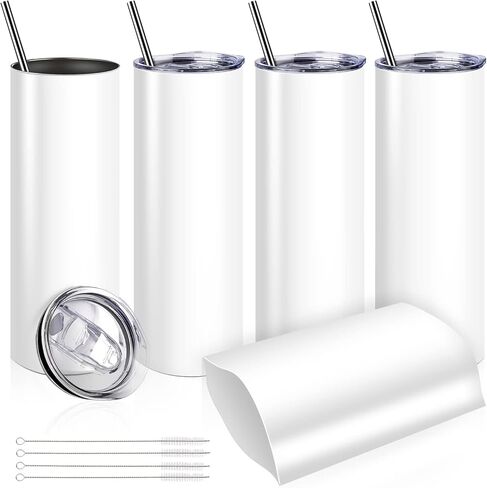 Munskine 4 Pack Sublimation Tumblers 20 Oz Skinny Stainless Steel Double Wall Tumbler Blanks - Sublimation Tumblers with Lid, Straw, Brush & Shrink Wrap -White in Saudi Arabia