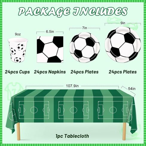 97Pcs Soccer Party Decorations Serve 24, Soccer Birthday Party Supplies Include Dinner Plates, Dessert Plates, Napkins, Cups and Tablecloth, Soccer Decorations for Party in Kuwait