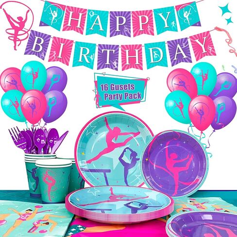لوازم حفلات اعياد الميلاد للجمباز، 143 قطعة من ديكورات حفلات الجمباز ومجموعة ادوات المائدة - اطباق ومناديل واكواب ومفرش طاولة وبالونات ولافتة وغيرها ديكورات الجمباز لحفلات اعياد الميلاد in Kuwait