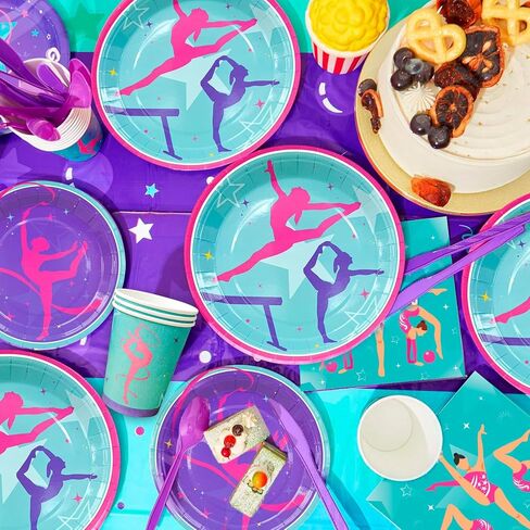 لوازم حفلات اعياد الميلاد للجمباز، 143 قطعة من ديكورات حفلات الجمباز ومجموعة ادوات المائدة - اطباق ومناديل واكواب ومفرش طاولة وبالونات ولافتة وغيرها ديكورات الجمباز لحفلات اعياد الميلاد in Kuwait