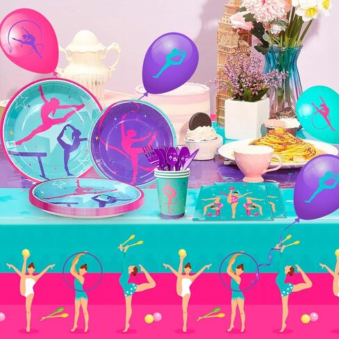 لوازم حفلات اعياد الميلاد للجمباز، 143 قطعة من ديكورات حفلات الجمباز ومجموعة ادوات المائدة - اطباق ومناديل واكواب ومفرش طاولة وبالونات ولافتة وغيرها ديكورات الجمباز لحفلات اعياد الميلاد in Kuwait