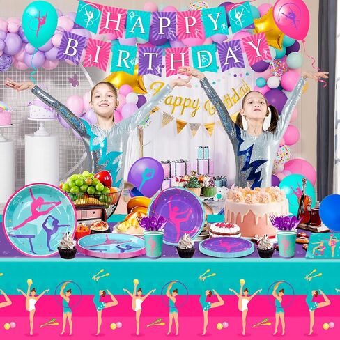 لوازم حفلات اعياد الميلاد للجمباز، 143 قطعة من ديكورات حفلات الجمباز ومجموعة ادوات المائدة - اطباق ومناديل واكواب ومفرش طاولة وبالونات ولافتة وغيرها ديكورات الجمباز لحفلات اعياد الميلاد in Kuwait