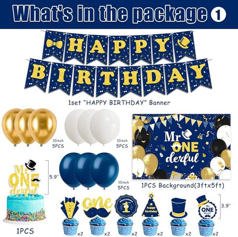 Boy 1st Birthday Party Decorations Set, Mr Onederful Plates and Napkins Tableware Set for 20 Guests and Navy Blue Tablecloth Happy Birthday Banner Backdrop Cupcake Toppers Balloons Kit (111Pcs) in Kuwait