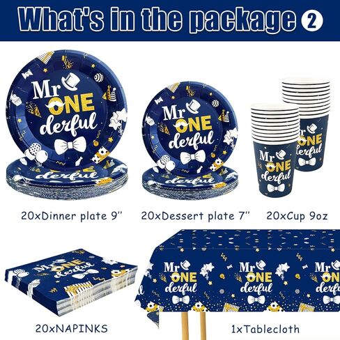 Boy 1st Birthday Party Decorations Set, Mr Onederful Plates and Napkins Tableware Set for 20 Guests and Navy Blue Tablecloth Happy Birthday Banner Backdrop Cupcake Toppers Balloons Kit (111Pcs) in Kuwait